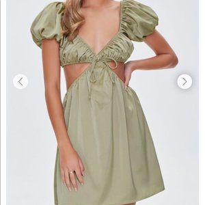 NWOT Green Satin Puff Sleeve Cutout Dress